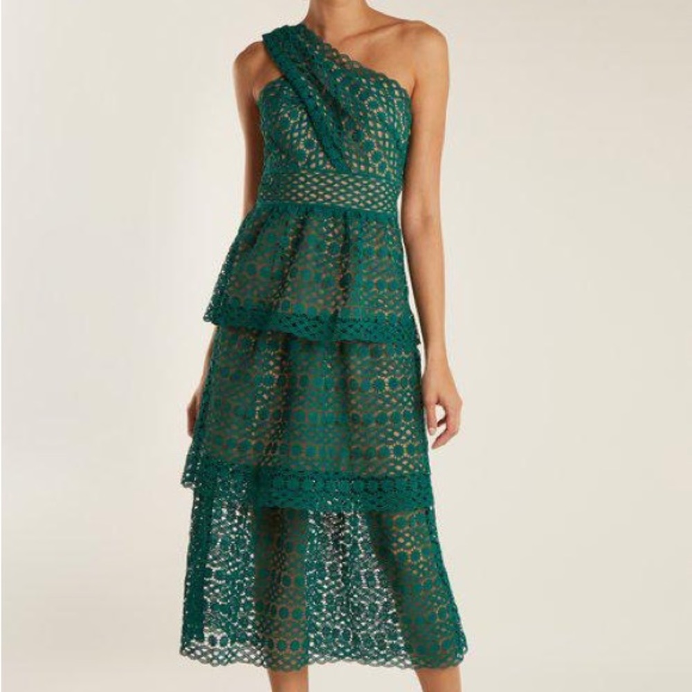 Self Portrait • FLAWLESS Lace Guipure Midi one Shoulder Emerald green Dress